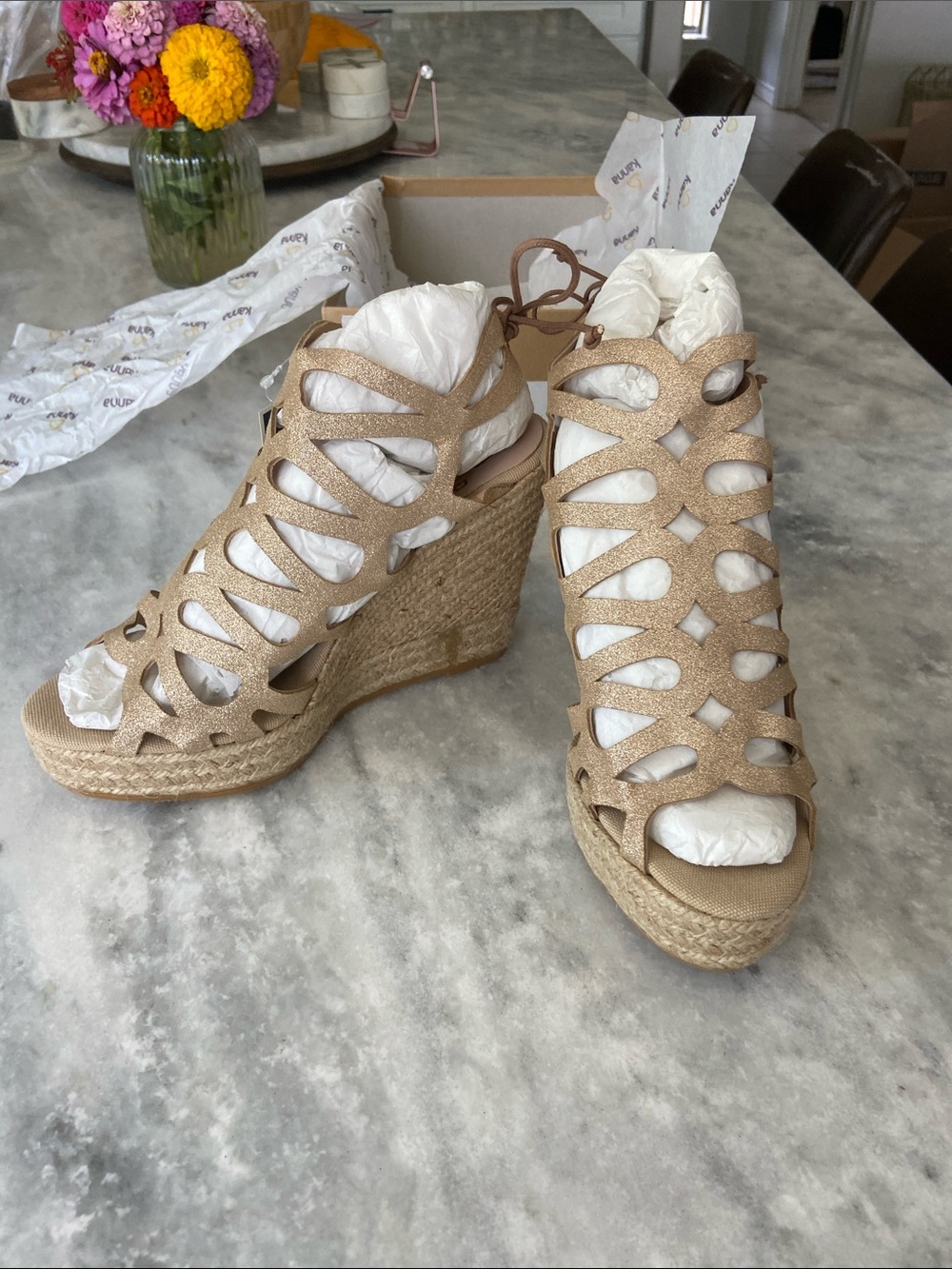 kanna Metallic Cutout Espadrille Wedge Sandals in Gold-Tan